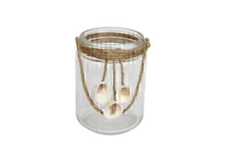 <p>Glass and rope tea light candle holder with hanging small shells by the designer Gisela Graham who designs really beautiful gifts for your garden and home. This t.light holder would make an ideal gift for someone special or as a treat for your own home as it would make a great addition to a Beach or Sea themed room. Fits standard size tea lights. Size 8x11x8cm</p>